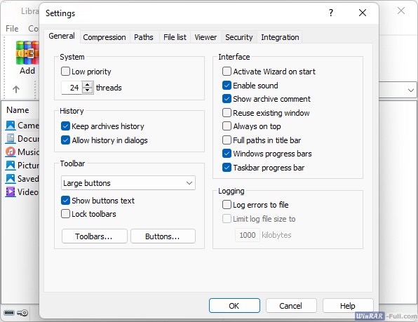 The settings window