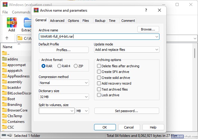 Creation of a new archive in WinRAR x64