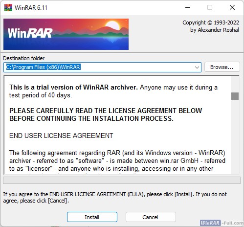 The installation of WinRAR x32